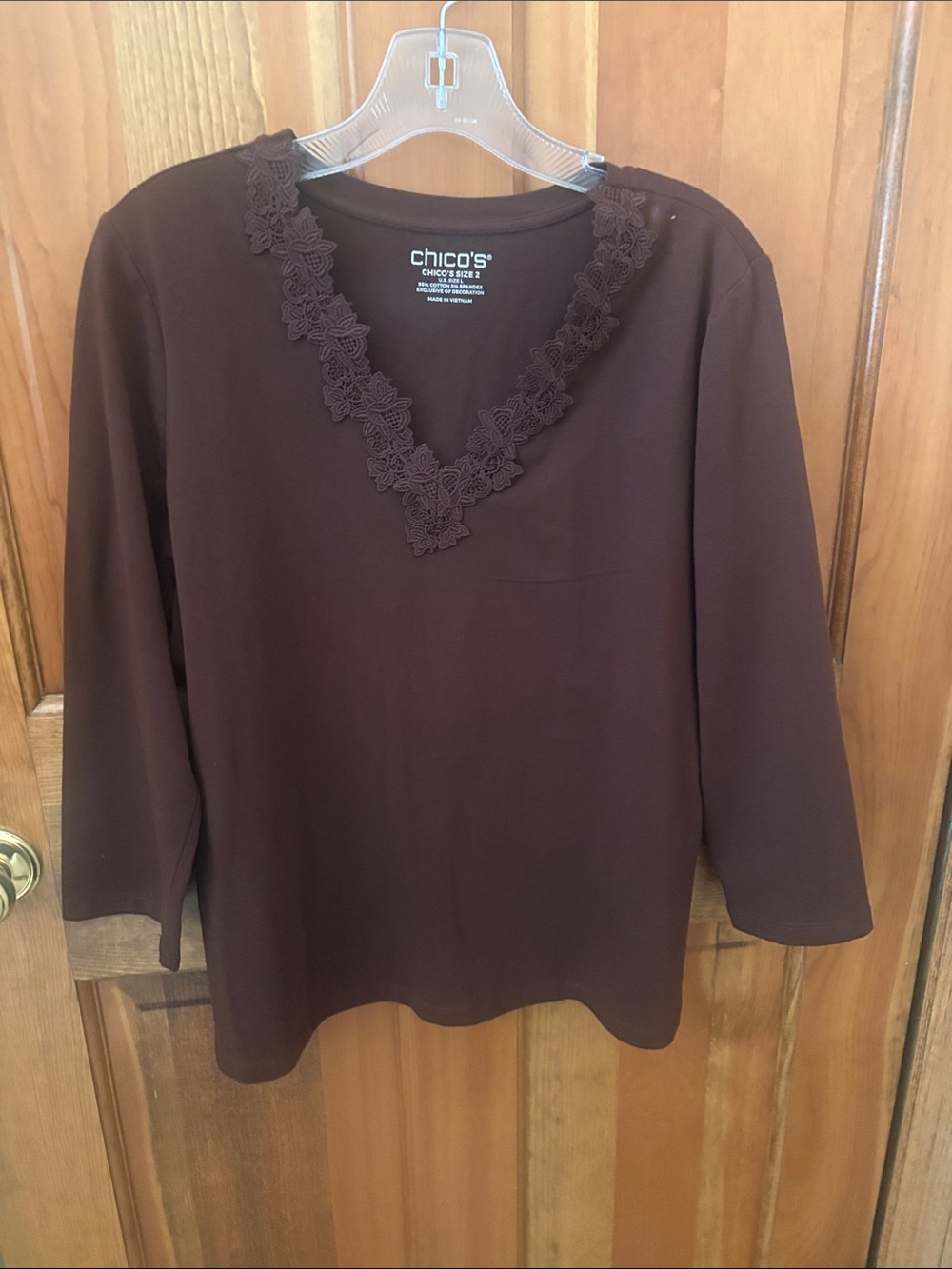 Chico's Dark Brown Floral-Trim V-Neck Long Sleeve Top